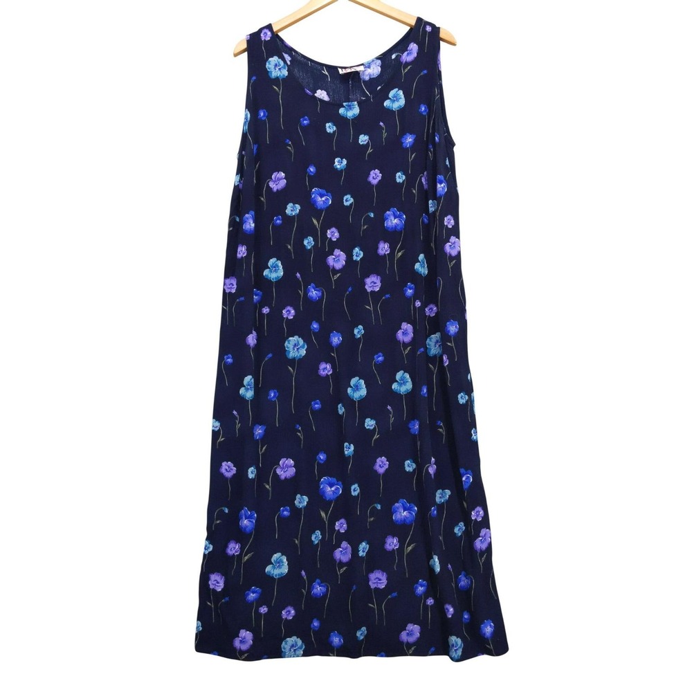 90s Vintage R&K Original Woman Dress Rayon 2X Navy Blue Floral Tie Back‎